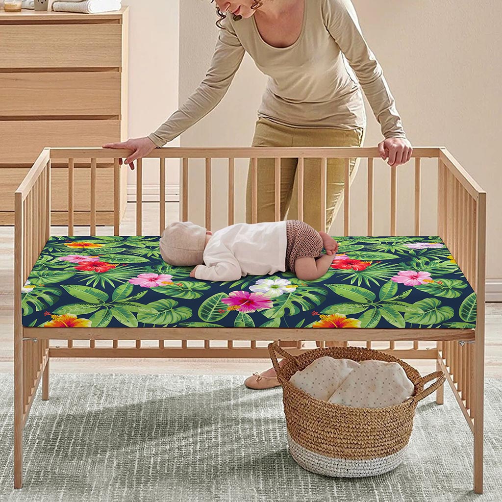 Tropical Hibiscus Flowers Pattern Print Baby Crib Sheet