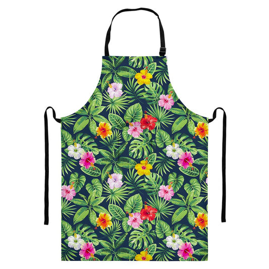 Tropical Hibiscus Flowers Pattern Print Bib Apron With Pocket