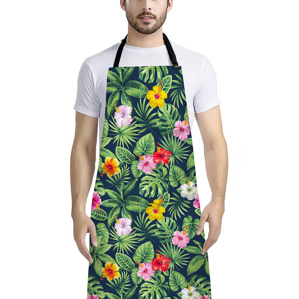 Tropical Hibiscus Flowers Pattern Print Bib Apron With Pocket