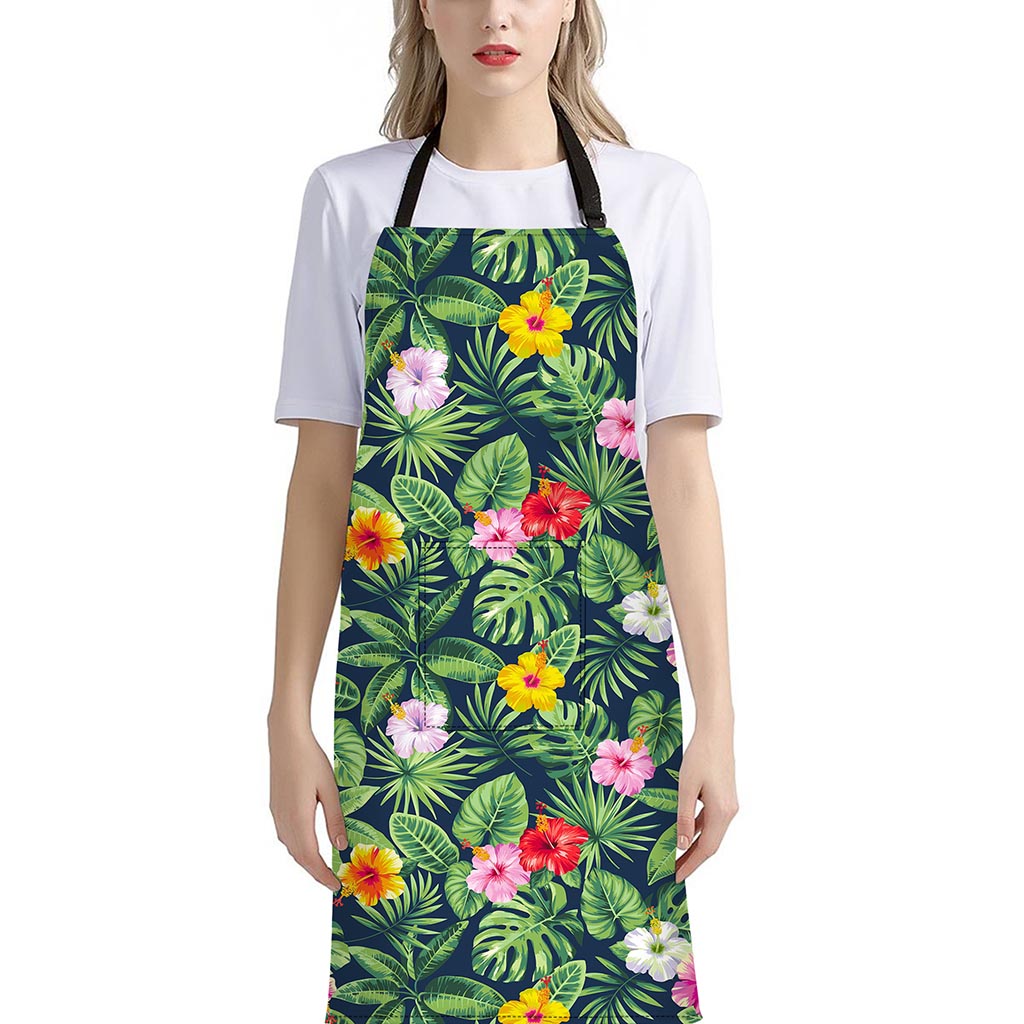Tropical Hibiscus Flowers Pattern Print Bib Apron With Pocket