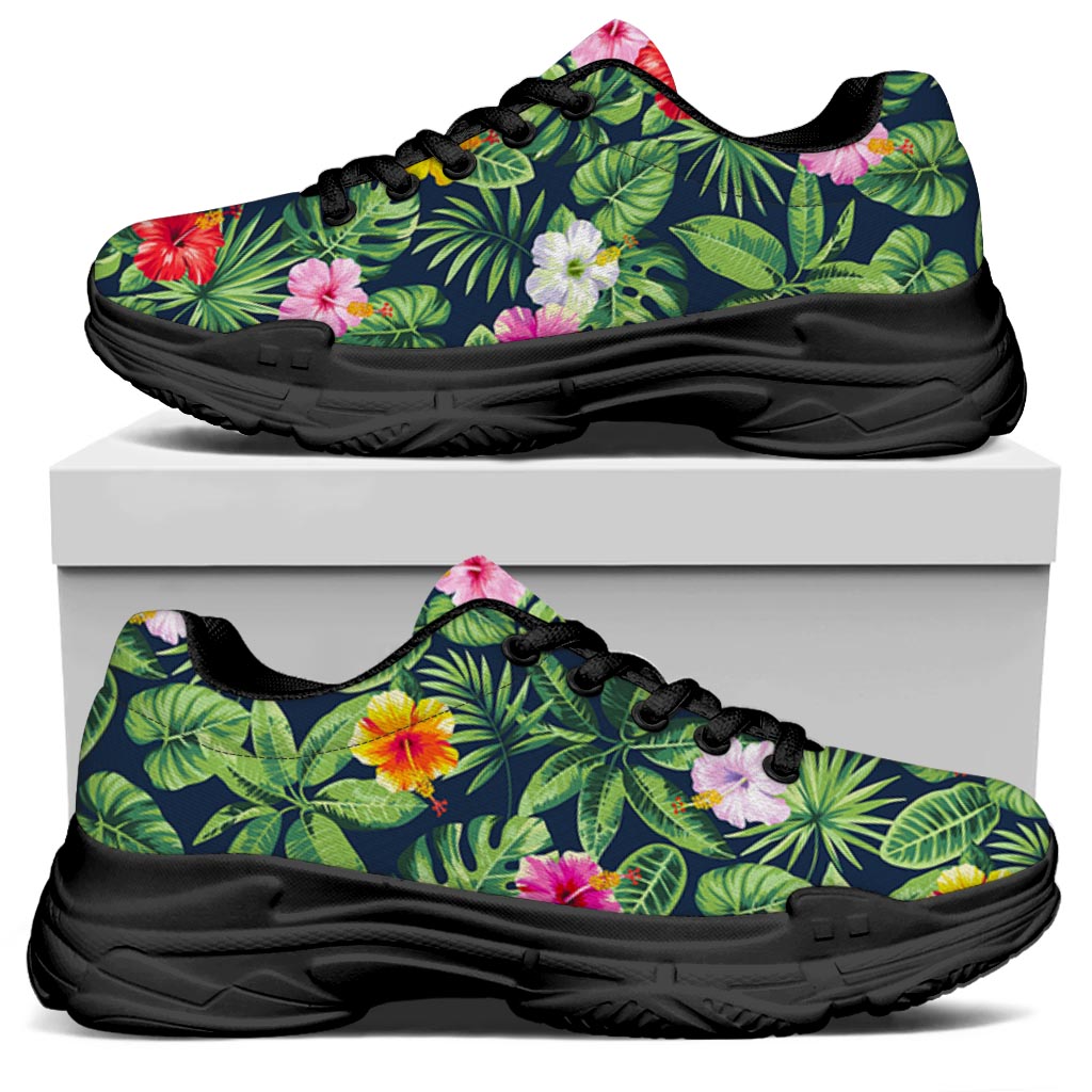 Tropical Hibiscus Flowers Pattern Print Black Chunky Shoes
