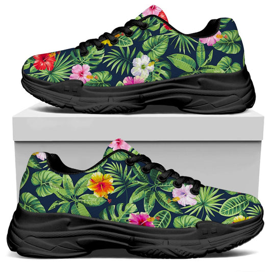 Tropical Hibiscus Flowers Pattern Print Black Chunky Shoes