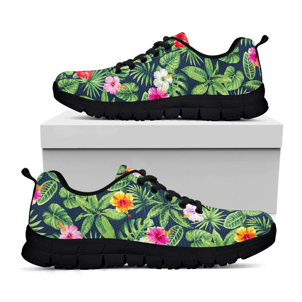 Tropical Hibiscus Flowers Pattern Print Black Running Shoes