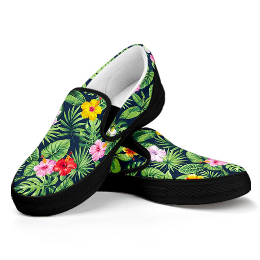 Tropical Hibiscus Flowers Pattern Print Black Slip On Sneakers
