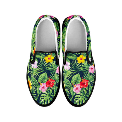 Tropical Hibiscus Flowers Pattern Print Black Slip On Sneakers