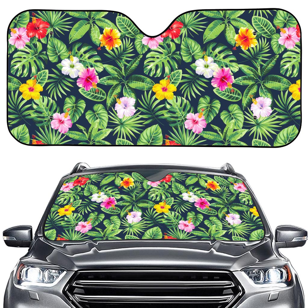 Tropical Hibiscus Flowers Pattern Print Car Windshield Sun Shade