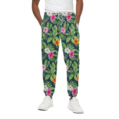 Tropical Hibiscus Flowers Pattern Print Cotton Pants