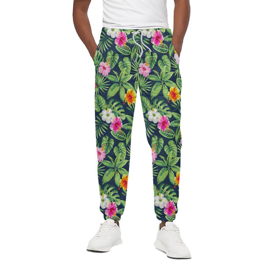 Tropical Hibiscus Flowers Pattern Print Cotton Pants
