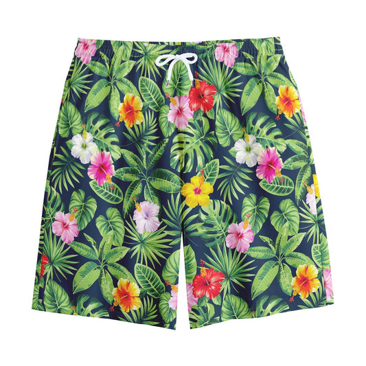 Tropical Hibiscus Flowers Pattern Print Cotton Shorts