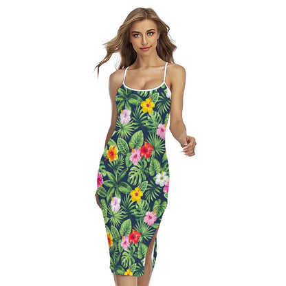 Tropical Hibiscus Flowers Pattern Print Cross Back Cami Dress