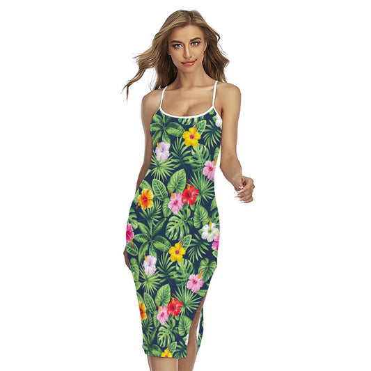 Tropical Hibiscus Flowers Pattern Print Cross Back Cami Dress