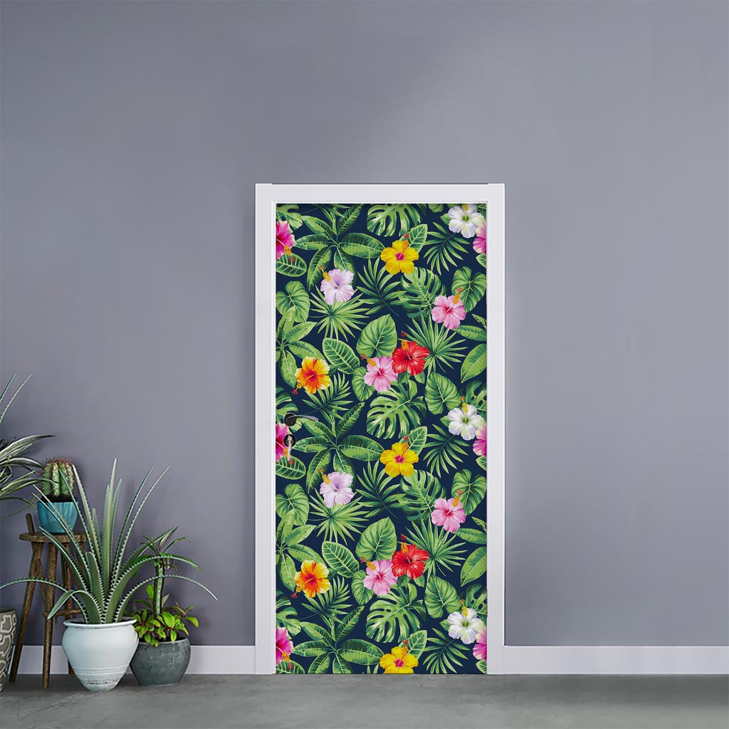 Tropical Hibiscus Flowers Pattern Print Door Sticker