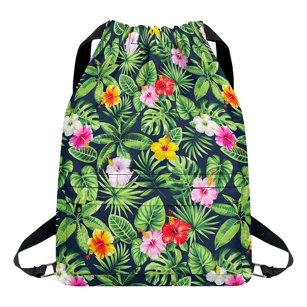 Tropical Hibiscus Flowers Pattern Print Drawstring Backpack