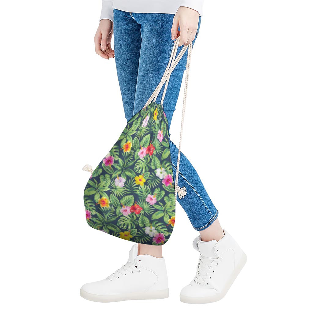 Tropical Hibiscus Flowers Pattern Print Drawstring Bag