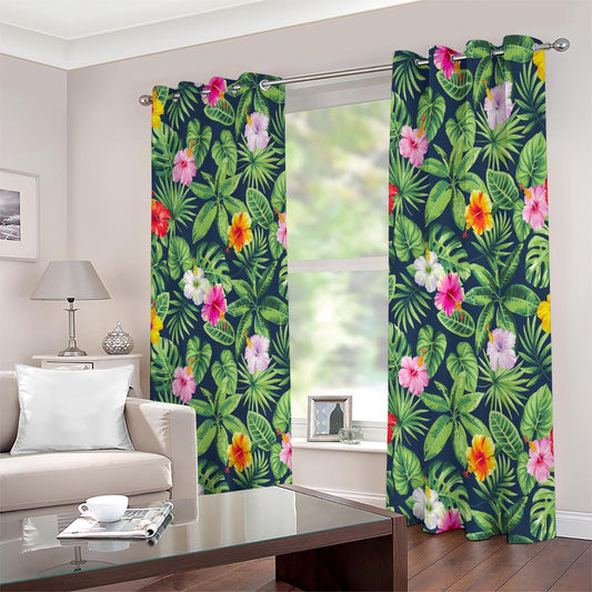 Tropical Hibiscus Flowers Pattern Print Extra Wide Grommet Curtains