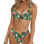 Tropical Hibiscus Flowers Pattern Print Front Bow Tie Bikini