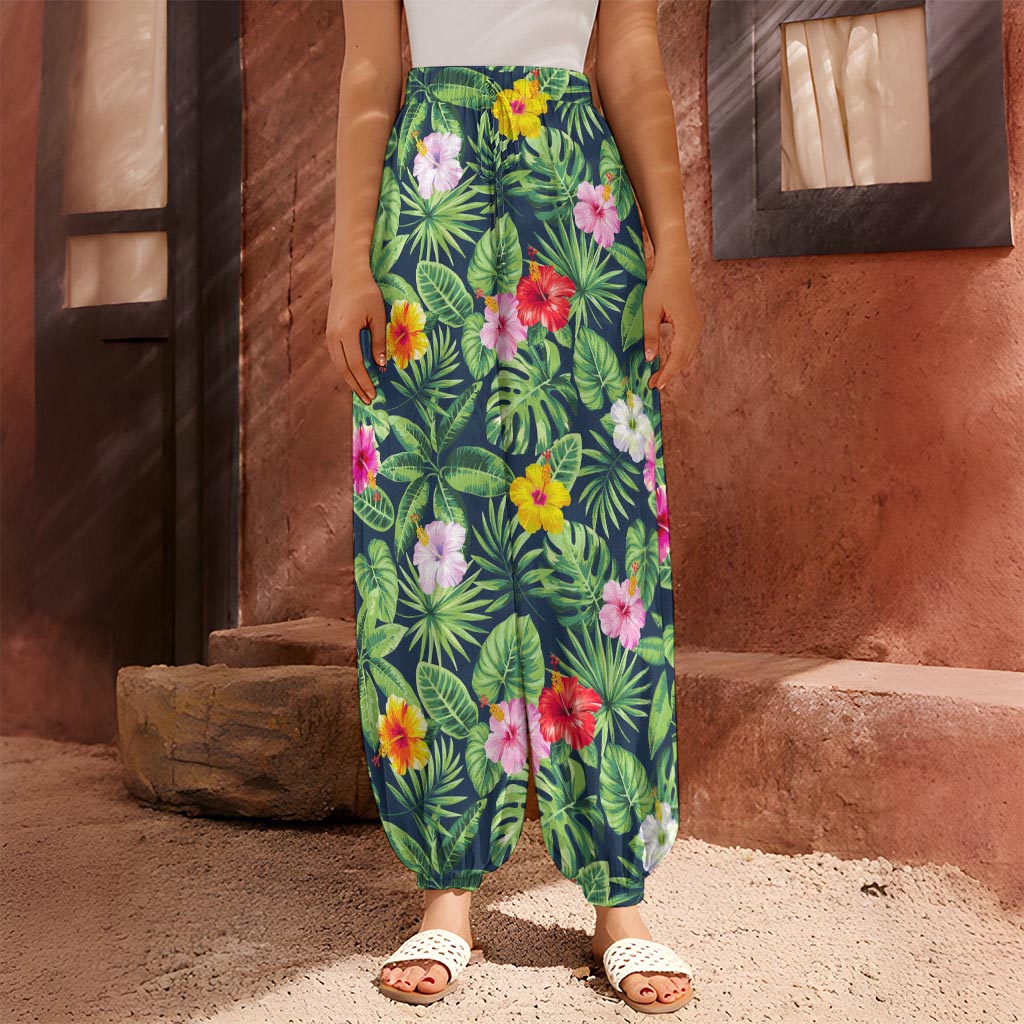Tropical Hibiscus Flowers Pattern Print Harem Pants