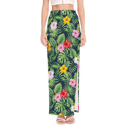 Tropical Hibiscus Flowers Pattern Print High Slit Maxi Skirt