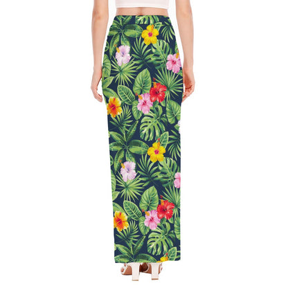 Tropical Hibiscus Flowers Pattern Print High Slit Maxi Skirt