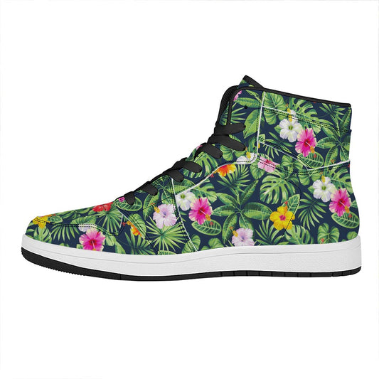 Tropical Hibiscus Flowers Pattern Print High Top Leather Sneakers