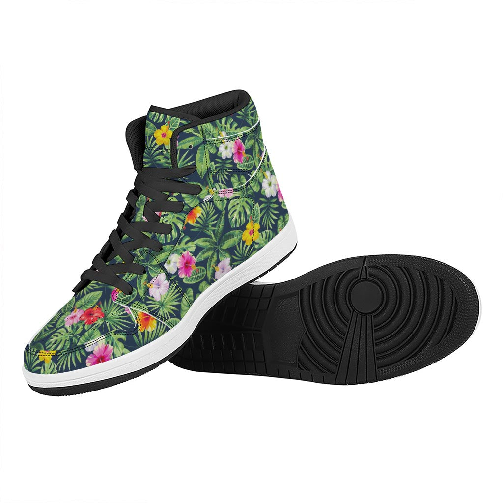 Tropical Hibiscus Flowers Pattern Print High Top Leather Sneakers