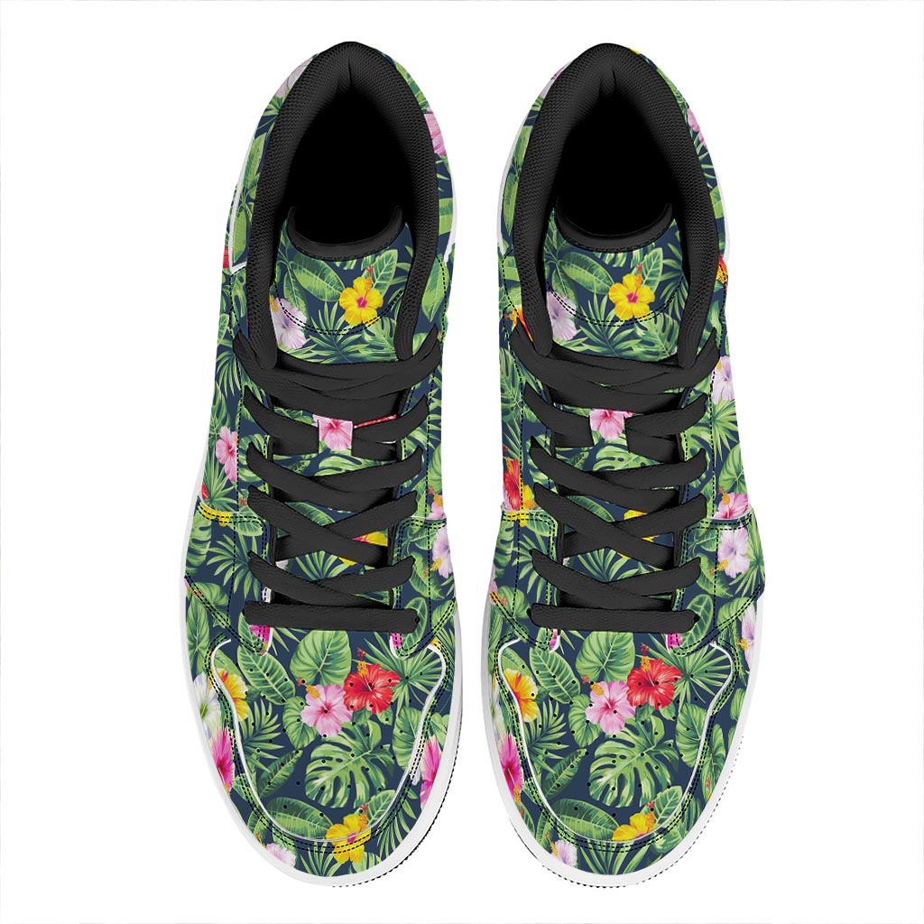 Tropical Hibiscus Flowers Pattern Print High Top Leather Sneakers
