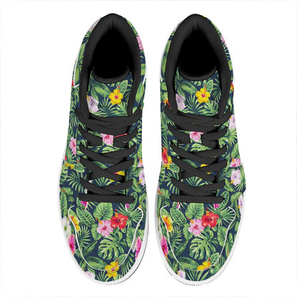 Tropical Hibiscus Flowers Pattern Print High Top Leather Sneakers