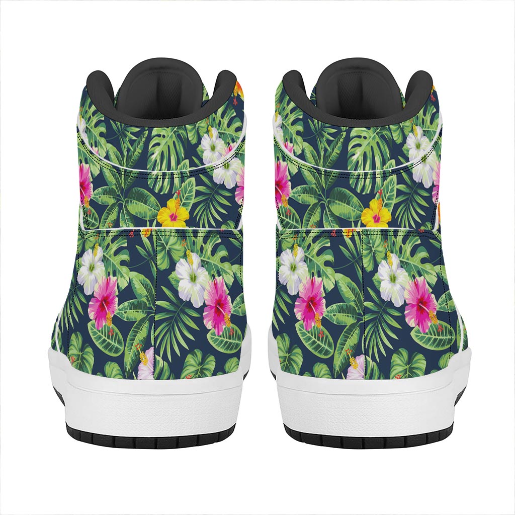 Tropical Hibiscus Flowers Pattern Print High Top Leather Sneakers