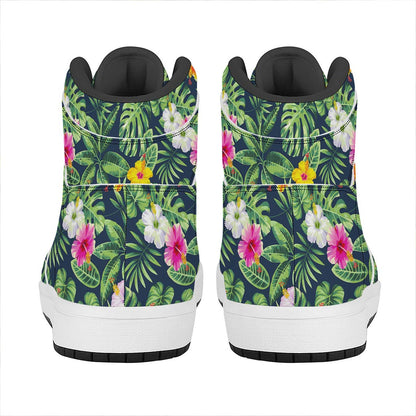 Tropical Hibiscus Flowers Pattern Print High Top Leather Sneakers