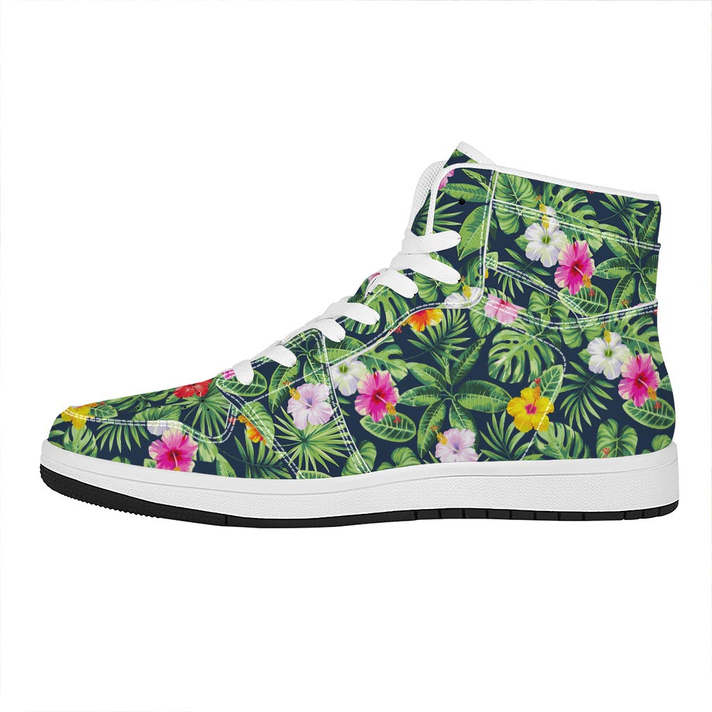 Tropical Hibiscus Flowers Pattern Print High Top Leather Sneakers