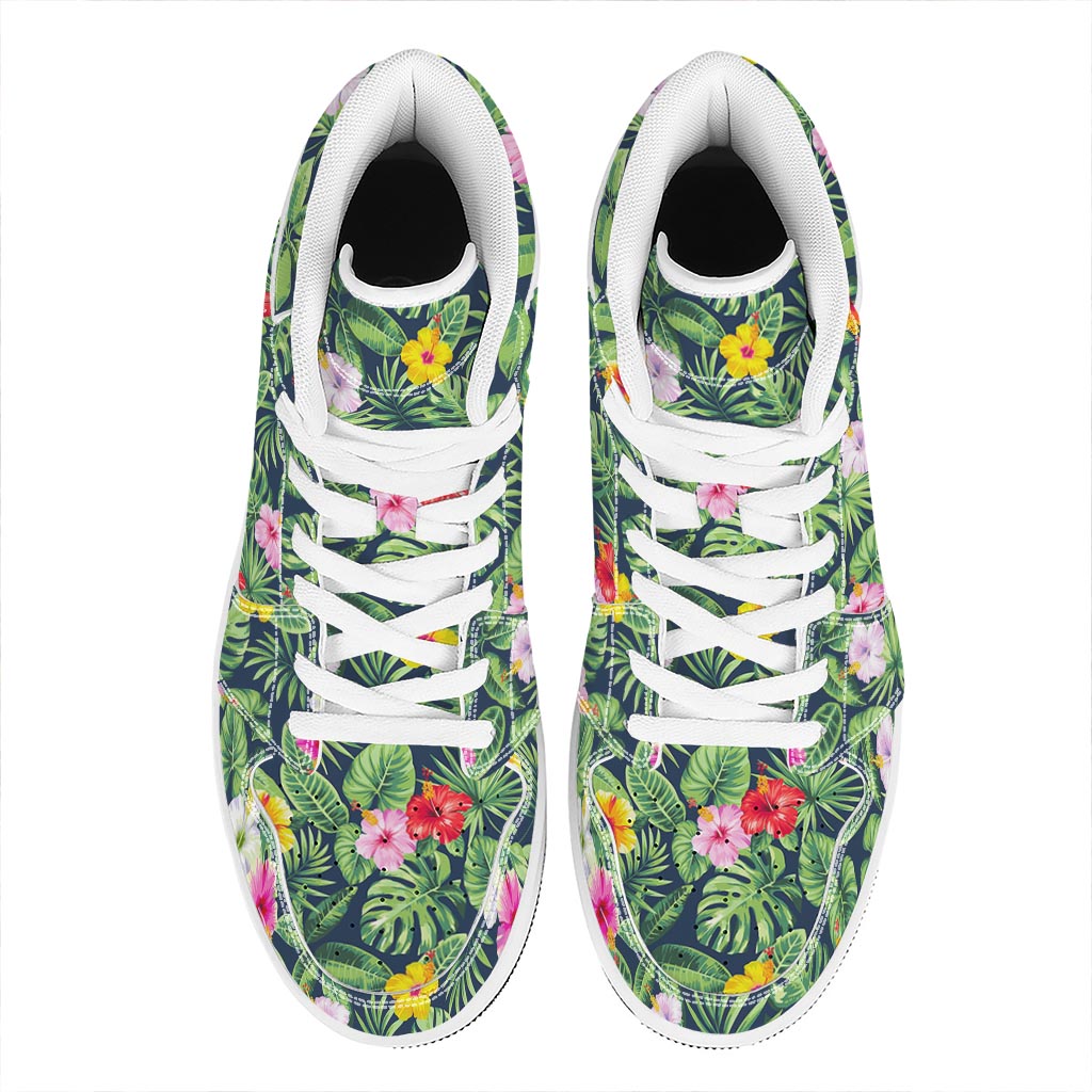 Tropical Hibiscus Flowers Pattern Print High Top Leather Sneakers