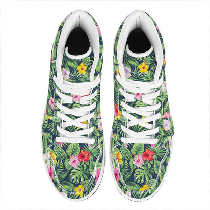 Tropical Hibiscus Flowers Pattern Print High Top Leather Sneakers