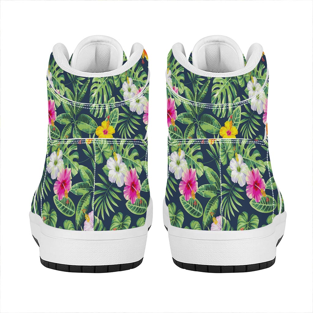 Tropical Hibiscus Flowers Pattern Print High Top Leather Sneakers