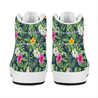 Tropical Hibiscus Flowers Pattern Print High Top Leather Sneakers