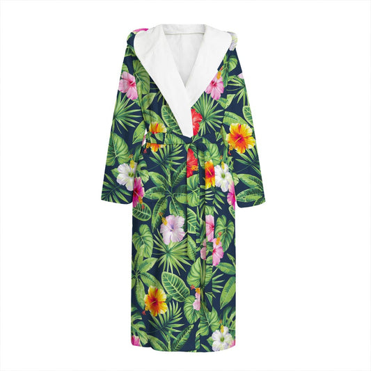 Tropical Hibiscus Flowers Pattern Print Hooded Bathrobe