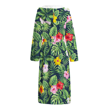 Tropical Hibiscus Flowers Pattern Print Hooded Bathrobe