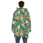 Tropical Hibiscus Flowers Pattern Print Hoodie Blanket