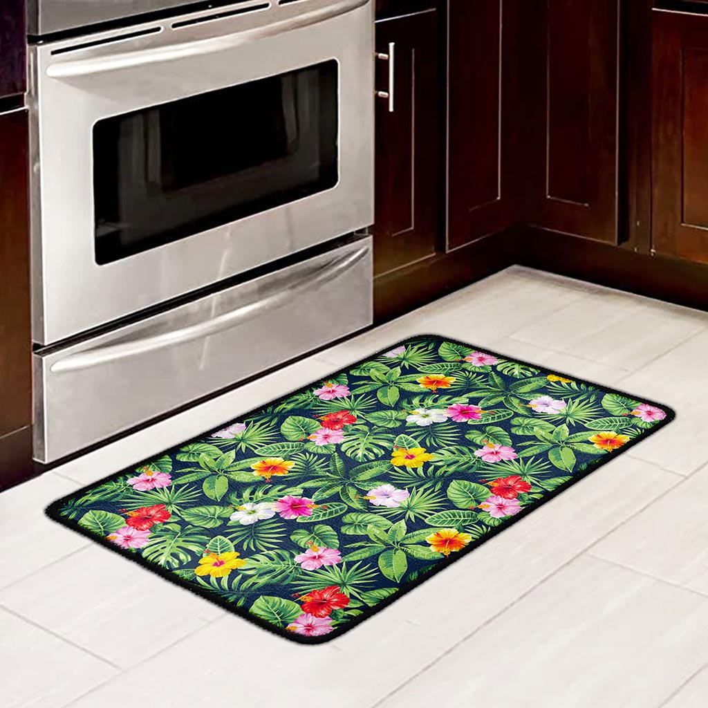 Tropical Hibiscus Flowers Pattern Print Kitchen Mat