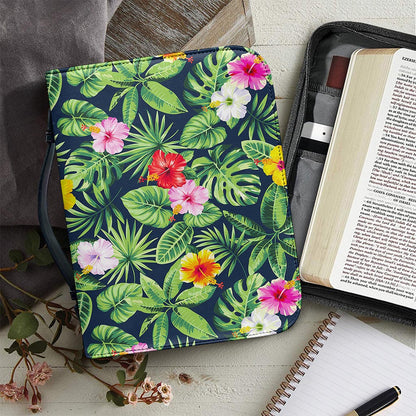 Tropical Hibiscus Flowers Pattern Print Leather Bible Cover