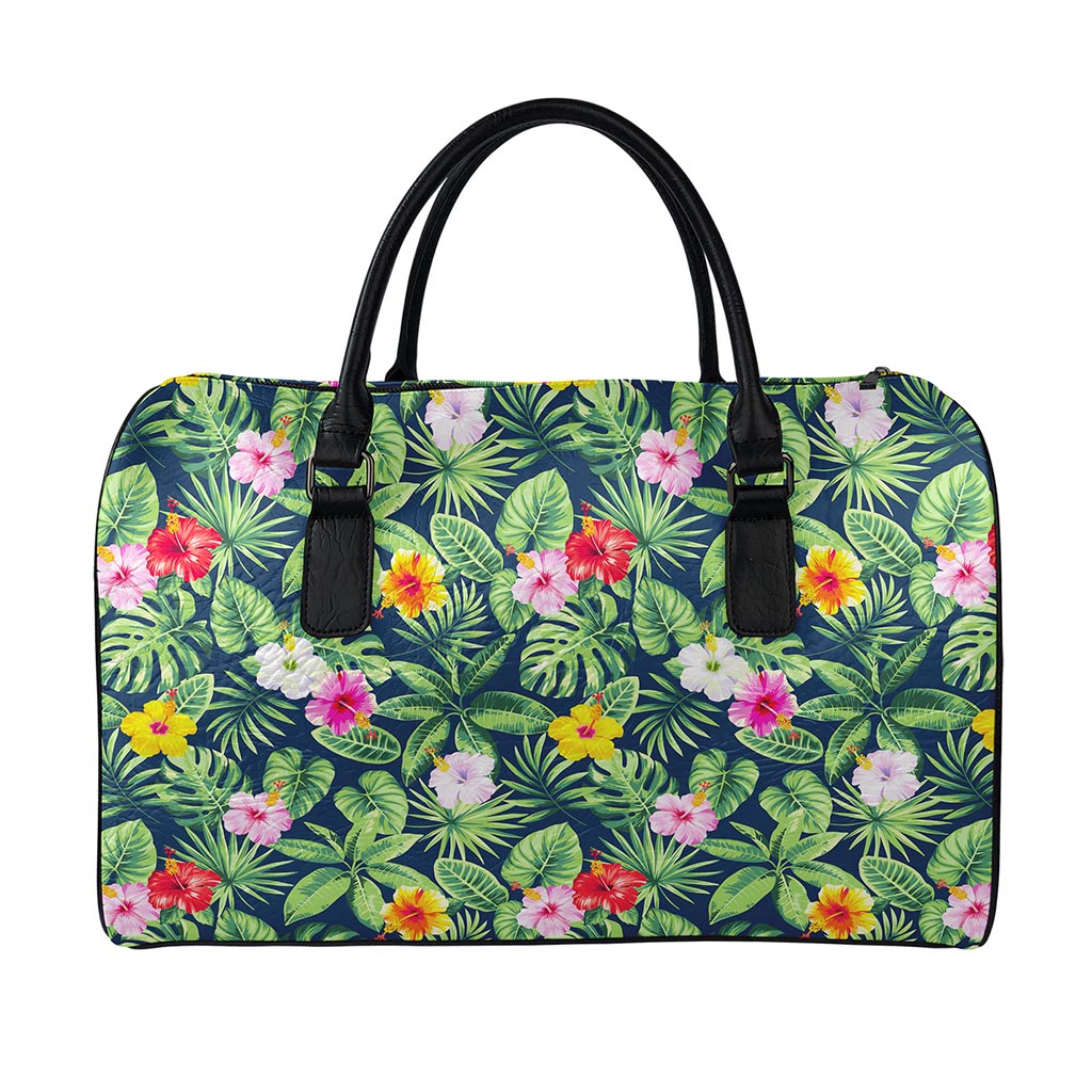 Tropical Hibiscus Flowers Pattern Print Leather Duffle Bag