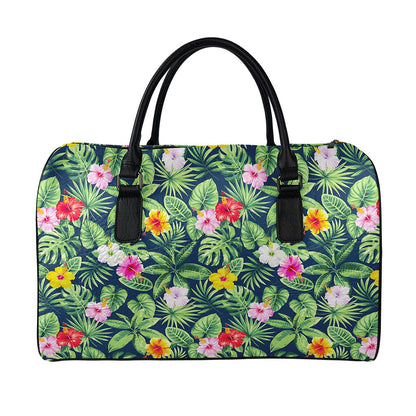 Tropical Hibiscus Flowers Pattern Print Leather Duffle Bag