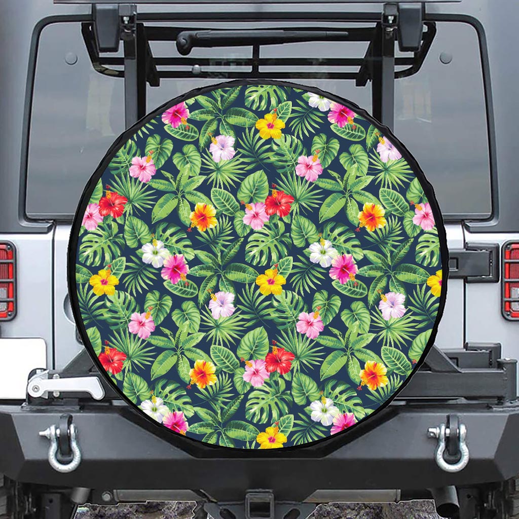 Tropical Hibiscus Flowers Pattern Print Leather Spare Tire Cover