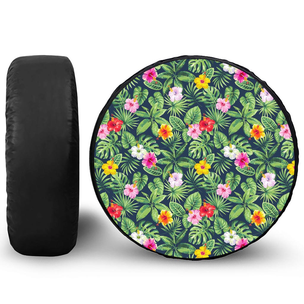 Tropical Hibiscus Flowers Pattern Print Leather Spare Tire Cover