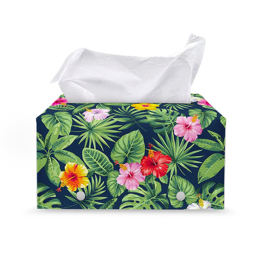 Tropical Hibiscus Flowers Pattern Print Leather Tissue Box Cover