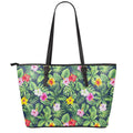 Tropical Hibiscus Flowers Pattern Print Leather Tote Bag With Zipper