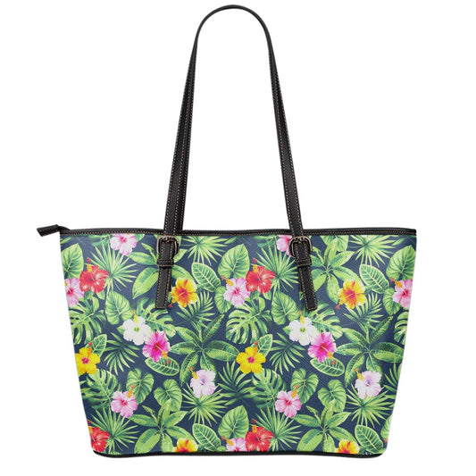 Tropical Hibiscus Flowers Pattern Print Leather Tote Bag
