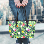 Tropical Hibiscus Flowers Pattern Print Leather Tote Bag