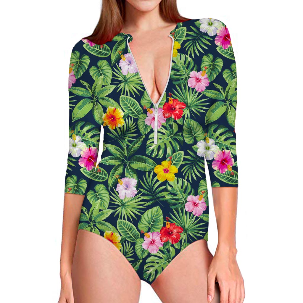 Tropical Hibiscus Flowers Pattern Print Long Sleeve Swimsuit
