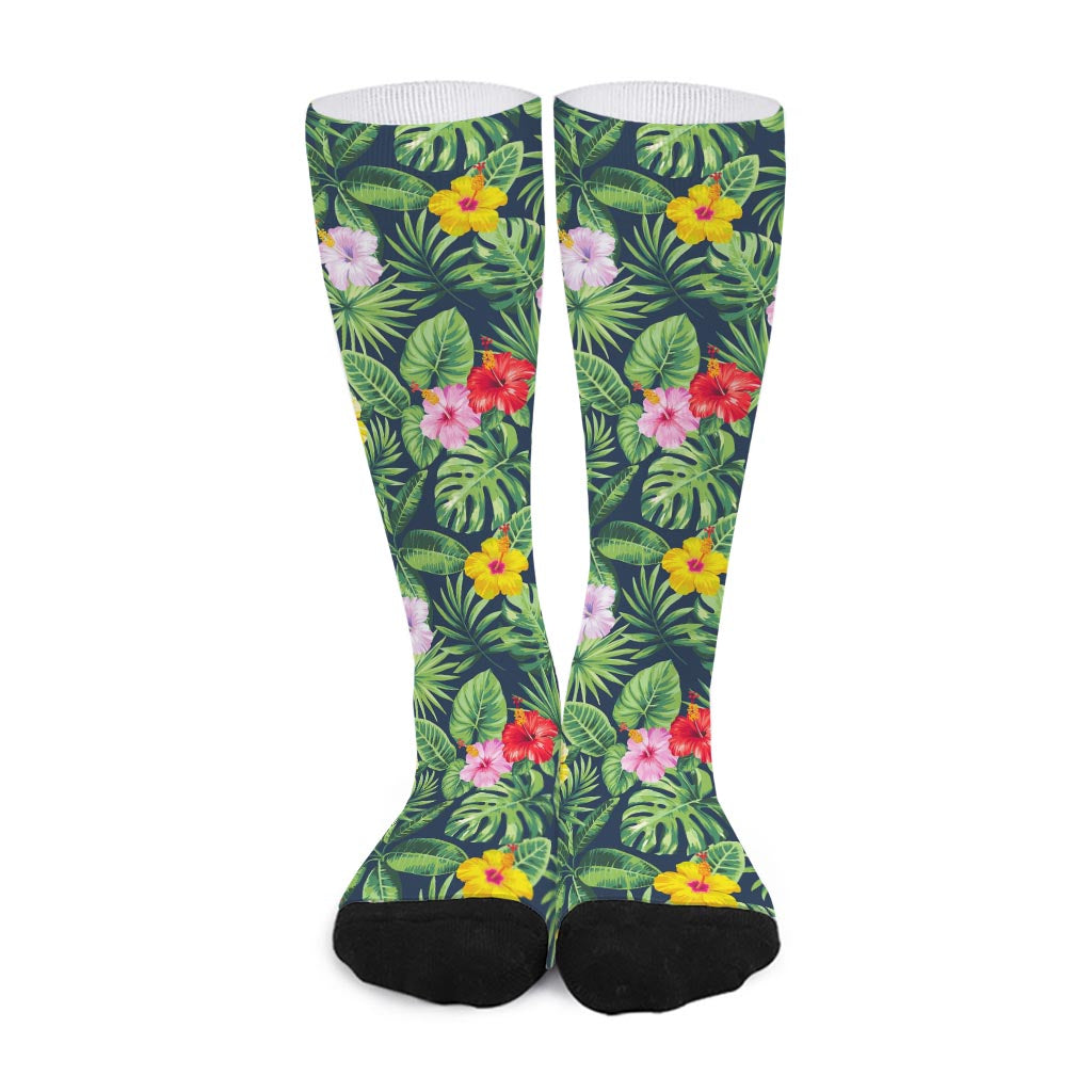 Tropical Hibiscus Flowers Pattern Print Long Socks