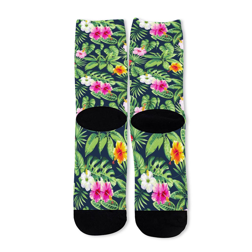 Tropical Hibiscus Flowers Pattern Print Long Socks